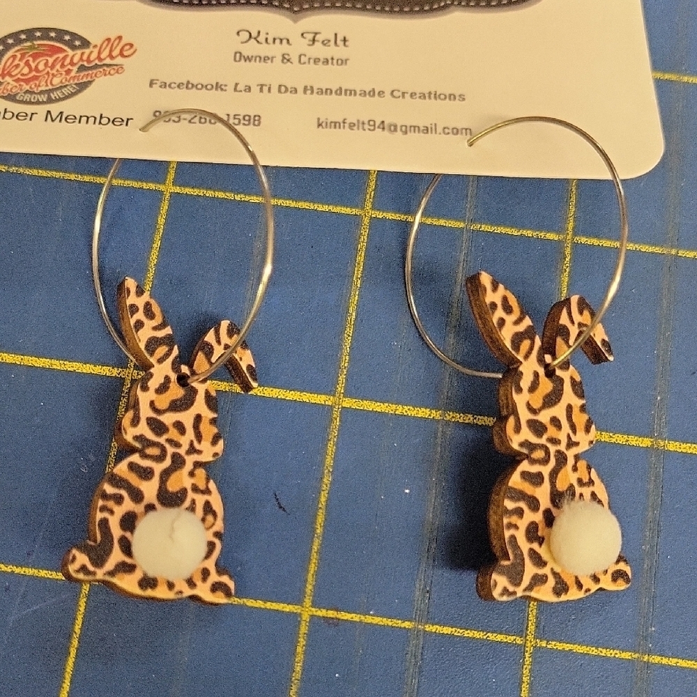 Leopard Bunny w White Tail 2.5" Earrings Easter Spring Rabbit